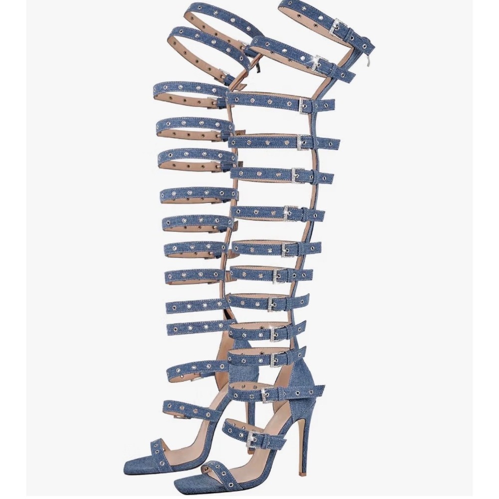 Rhineshell Denim Gladiator Boots Knee High Multi Strap Rhinestone Buckle Heels